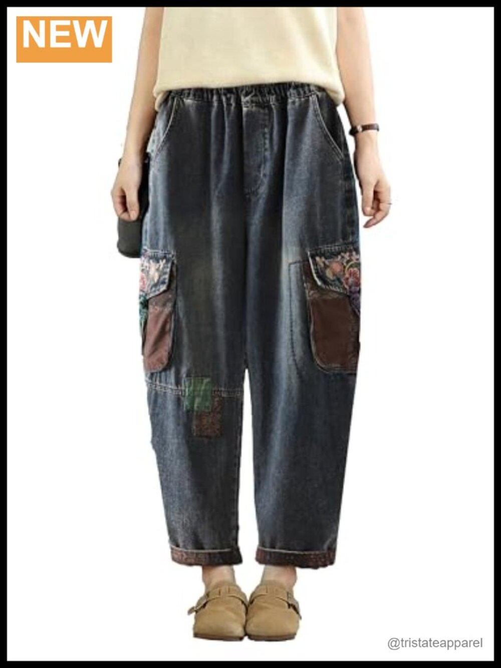 Women Loose Elastic Waist Denim Jeans Casual Baggy Harem Y2K